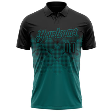 Custom Black Teal 3D Pattern Design Gradient Square Shape Performance Polo Shirt