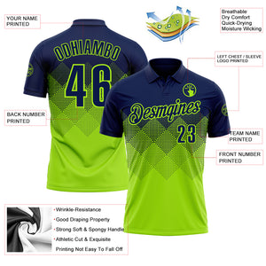 Custom Navy Neon Green 3D Pattern Design Gradient Square Shape Performance Polo Shirt