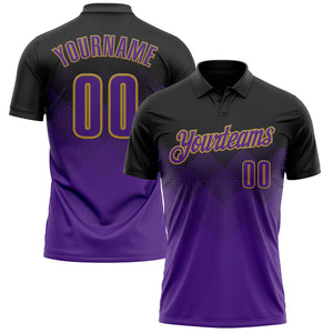 Custom Black Purple-Old Gold 3D Pattern Design Gradient Square Shape Performance Polo Shirt