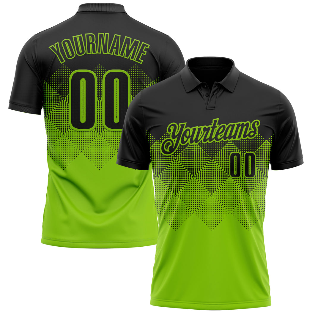 Custom Black Neon Green 3D Pattern Design Gradient Square Shape Performance Polo Shirt