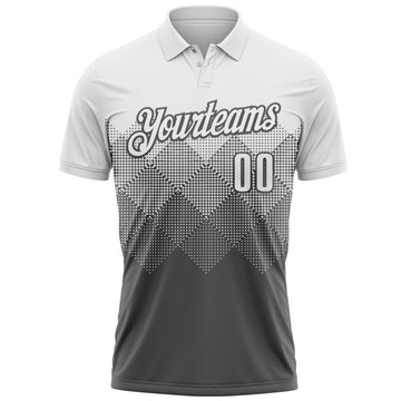 Custom White Steel Gray 3D Pattern Design Gradient Square Shape Performance Polo Shirt