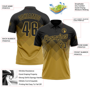 Custom Black Old Gold 3D Pattern Design Gradient Square Shape Performance Polo Shirt