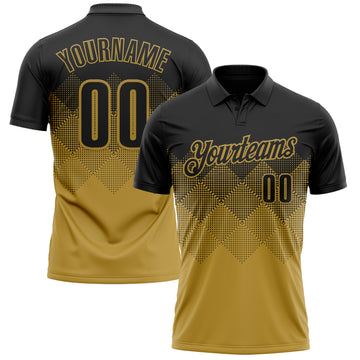 Custom Black Old Gold 3D Pattern Design Gradient Square Shape Performance Polo Shirt