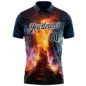 Custom Navy Black-White 3D Bowling Burning Flame Performance Polo Shirt