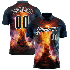 Custom Navy Black-White 3D Bowling Burning Flame Performance Polo Shirt