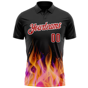 Custom Black Red-White 3D Bowling Burning Flame Performance Polo Shirt