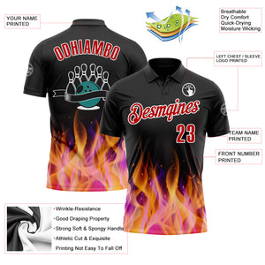 Custom Black Red-White 3D Bowling Burning Flame Performance Polo Shirt