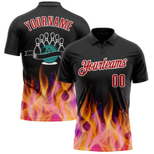 Load image into Gallery viewer, Custom Black Red-White 3D Bowling Burning Flame Performance Polo Shirt
