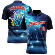 Load image into Gallery viewer, Custom Navy Red-White 3D Bowling Lightning Performance Polo Shirt
