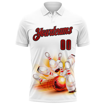 Custom White Red-Black 3D Bowling Performance Polo Shirt