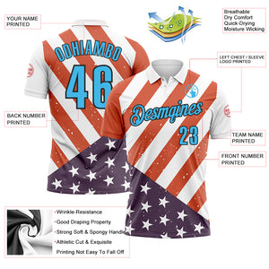 Custom White Sky Blue-Black 3D Cornhole American Flag Performance Polo Shirt