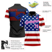 Load image into Gallery viewer, Custom Black Pink Light Blue Red-Royal 3D Cornhole American Flag Performance Polo Shirt
