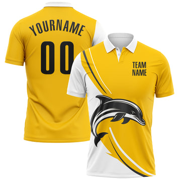 Custom Yellow Black-White 3D Pattern Design Animal Dolphin Performance Polo Shirt