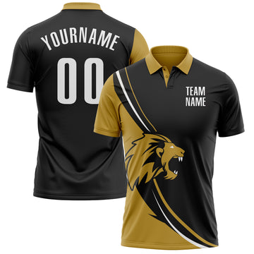 Custom Black White-Old Gold 3D Pattern Design Animal Lion Performance Polo Shirt