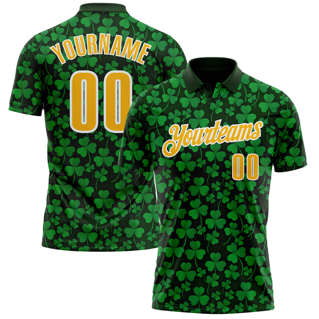 Custom Green Gold-White 3D St. Patrick's Day Shamrock Performance Polo Shirt