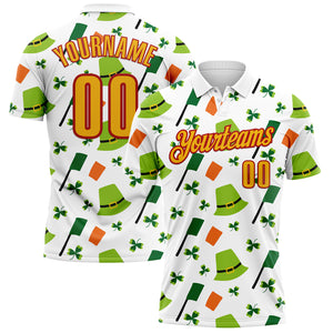 Custom White Gold-Red 3D St. Patrick's Day Shamrock Performance Polo Shirt