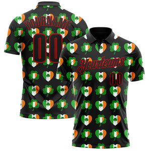 Custom Black Red 3D St. Patrick's Day Shamrock Performance Polo Shirt