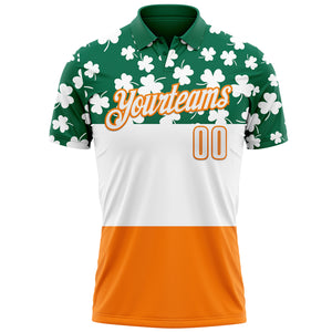 Custom Kelly Green White-Bay Orange 3D St. Patrick's Day Shamrock Performance Polo Shirt