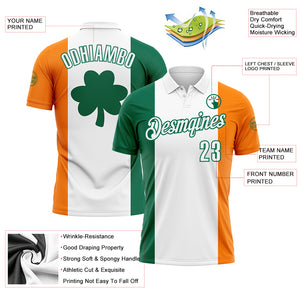 Custom White Kelly Green-Bay Orange 3D St. Patrick's Day Shamrock Performance Polo Shirt