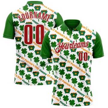 Custom White Red-Green 3D St. Patrick's Day Shamrock Performance Polo Shirt