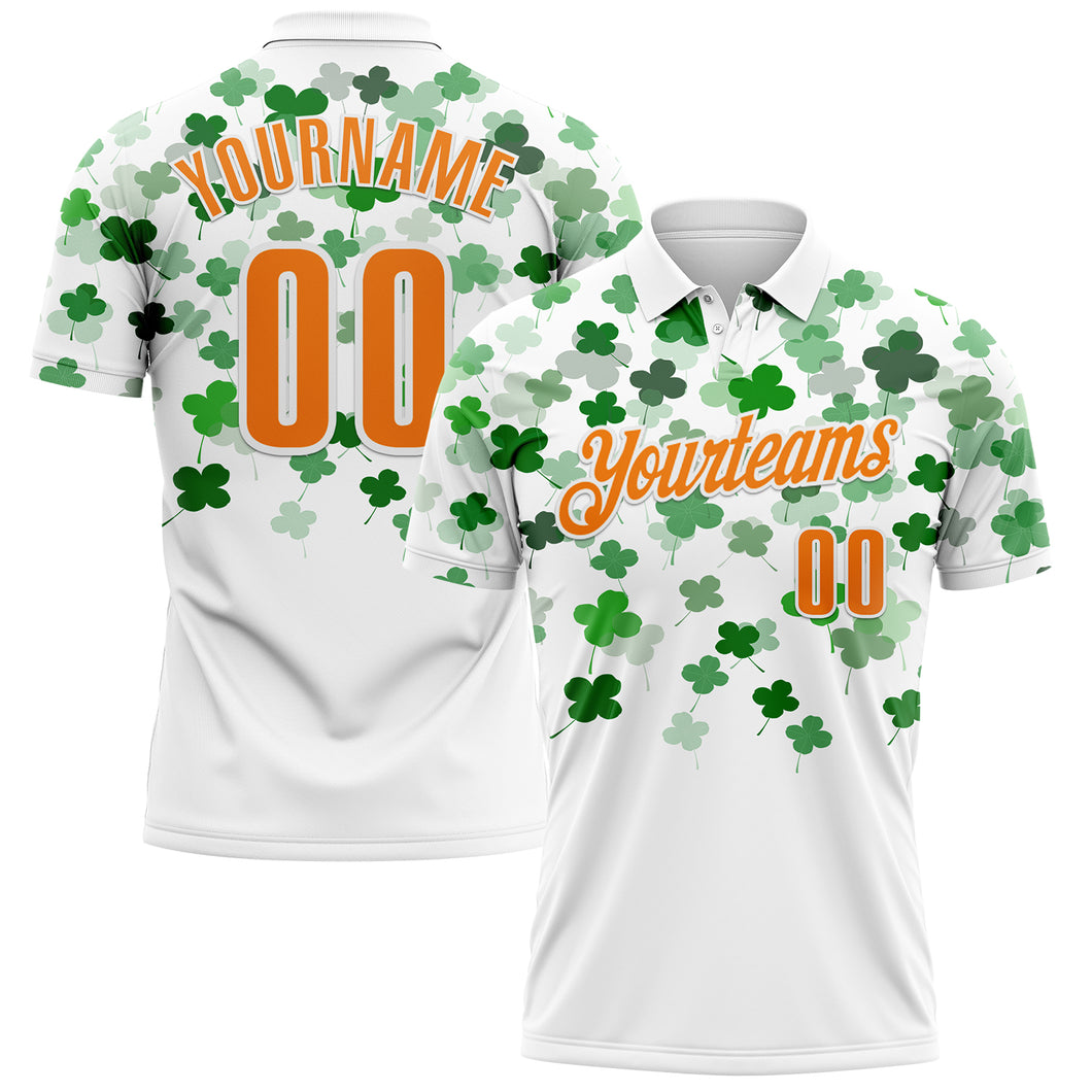 Custom White Bay Orange-Yellow 3D St. Patrick's Day Shamrock Performance Polo Shirt