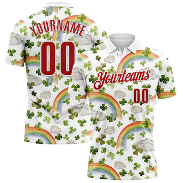 Custom White Red 3D St. Patrick's Day Shamrock Performance Polo Shirt