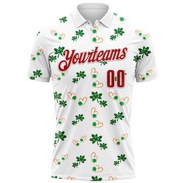 Custom White Red 3D St. Patrick's Day Shamrock Performance Polo Shirt