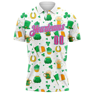 Custom White Pink-Light Blue 3D St. Patrick's Day Shamrock Beer Performance Polo Shirt