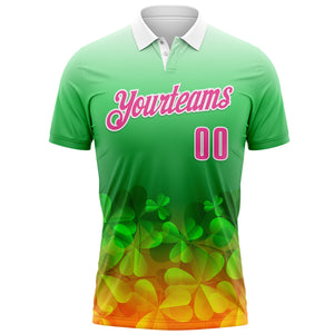 Custom Green Pink-White 3D St. Patrick's Day Shamrock Performance Polo Shirt