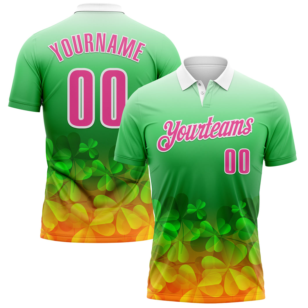 Custom Green Pink-White 3D St. Patrick's Day Shamrock Performance Polo Shirt