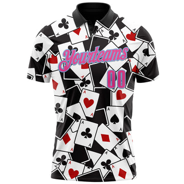 Custom Black Pink-Light Blue 3D Gambling Poker Performance Polo Shirt