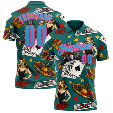 Custom Teal Sky Blue-Pink 3D Gambling Poker Performance Polo Shirt