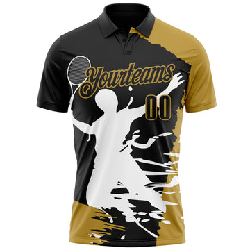 Custom Black Old Gold-White 3D Tennis Performance Polo Shirt