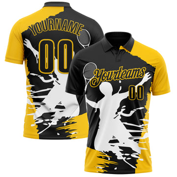 Custom Black Yellow-White 3D Tennis Performance Polo Shirt