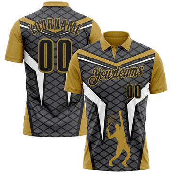 Custom Steel Gray Black-Old Gold 3D Tennis Performance Polo Shirt