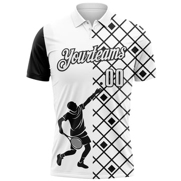 Custom White Black 3D Tennis Performance Polo Shirt