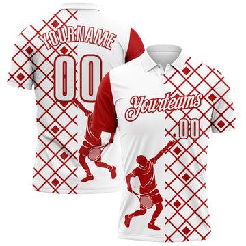 Custom White Red 3D Tennis Performance Polo Shirt