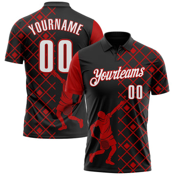 Custom Black White-Red 3D Tennis Performance Polo Shirt