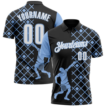 Custom Black White-Light Blue 3D Tennis Performance Polo Shirt