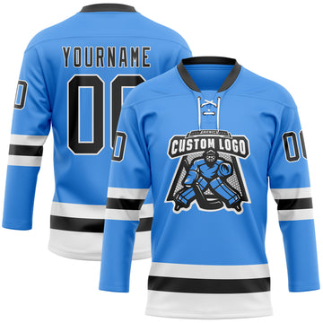 Custom Sky Blue Black-White Hockey Lace Neck Jersey