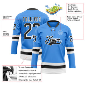 Custom Sky Blue Black-White Hockey Lace Neck Jersey