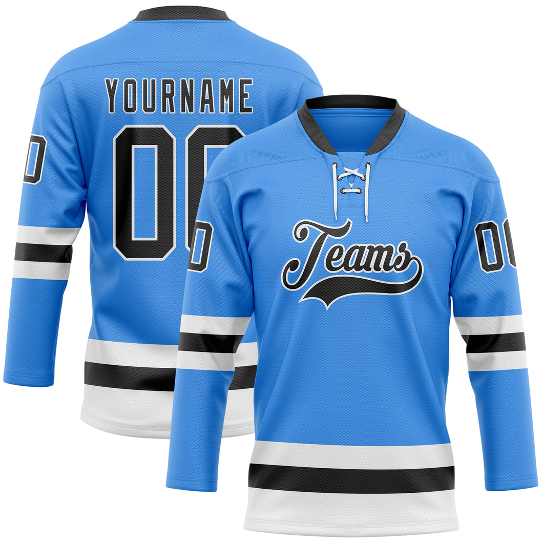 Custom Sky Blue Black-White Hockey Lace Neck Jersey