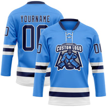 Load image into Gallery viewer, Custom Sky Blue Navy-White Hockey Lace Neck Jersey
