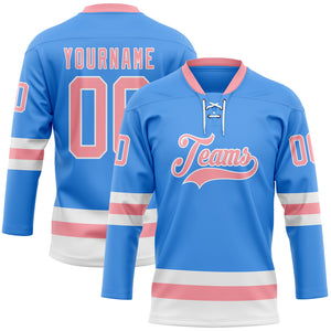 Custom Sky Blue Medium Pink-White Hockey Lace Neck Jersey