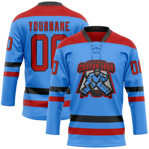 Custom Sky Blue Red-Black Hockey Lace Neck Jersey