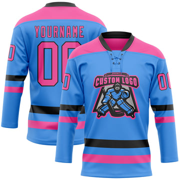 Custom Sky Blue Pink-Black Hockey Lace Neck Jersey