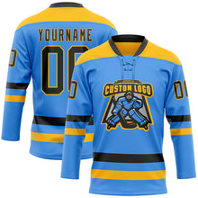 Load image into Gallery viewer, Custom Sky Blue Black-Gold Hockey Lace Neck Jersey
