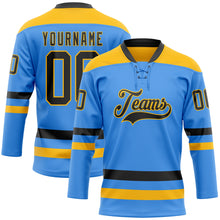 Load image into Gallery viewer, Custom Sky Blue Black-Gold Hockey Lace Neck Jersey
