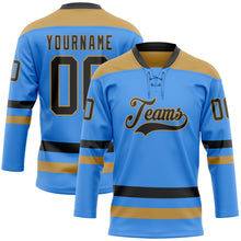 Load image into Gallery viewer, Custom Sky Blue Black-Old Gold Hockey Lace Neck Jersey
