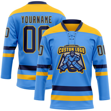 Custom Sky Blue Navy-Gold Hockey Lace Neck Jersey